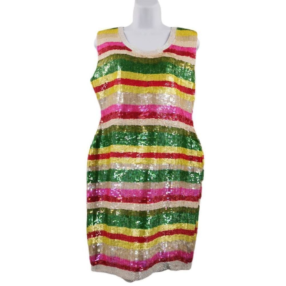 Vintage Silk Rainbow Stripe Hand Beaded Sequin Dress